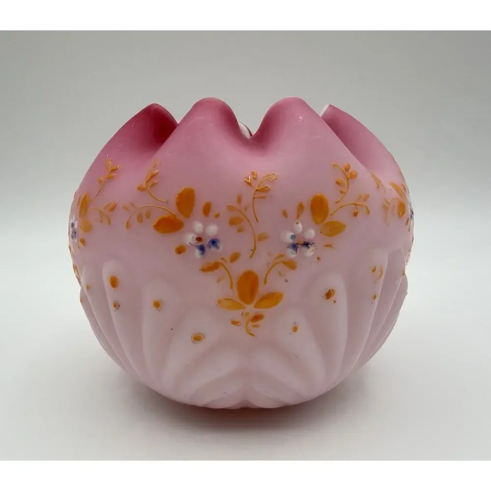 Mt. Washington Pink Satin Glass Shell & Seaweed Rose Bowl Vase 4” UV Reactive